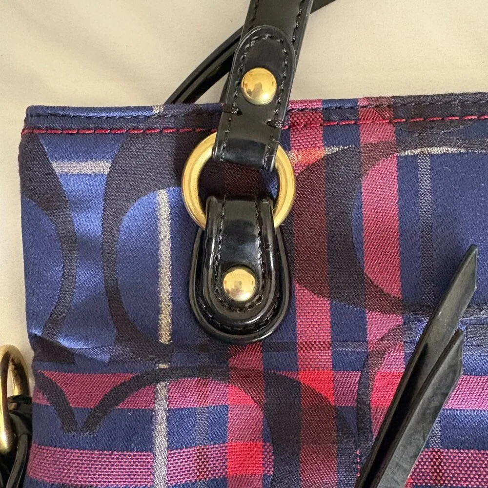 Coach Poppy 2way Shoulder Bag Red Blue Tartan Plaid Signature Canvas Patent Trim